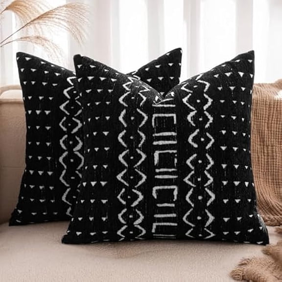 Eryueer Throw Pillow Case Cushion Covers Modern Chenille Decorative Cushions for Sofa Pillowcases for Couch Livingroom Sofa Bed with Invisible Zipper 40x40cm 16x16 Inch 2 Packs H-black