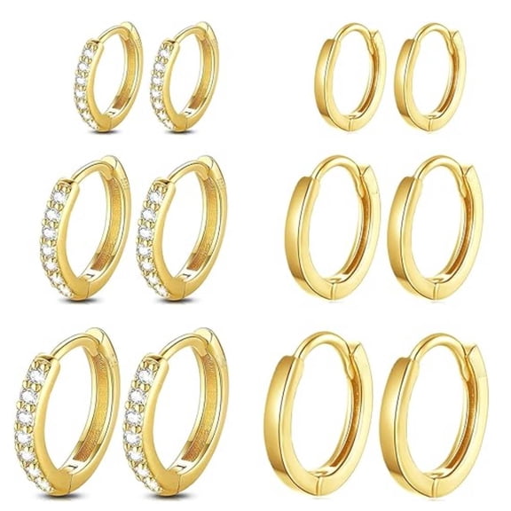 6 Pairs 14K Gold Plated Hoop Earrings for Women, Hypoallergenic Tiny Cubic Zirconia Cartilage Huggie Earring Sets for Multiple Piercing Trendy Jewelry 8/10/12 mm