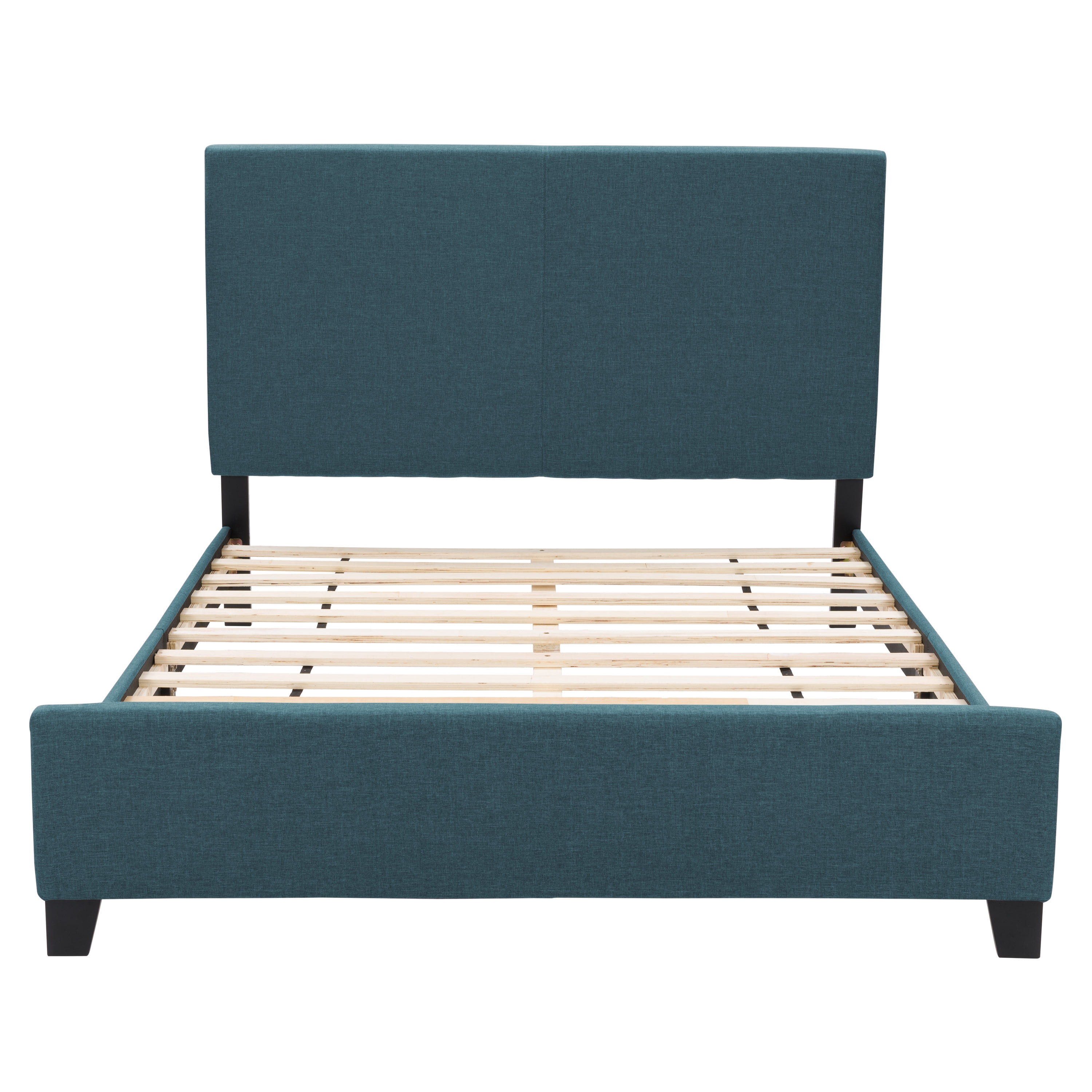 CorLiving Juniper Fabric Upholstered Adult Queen Platform Bed Frame with Padded Headboard and Slats, No Box Spring Required, Blue