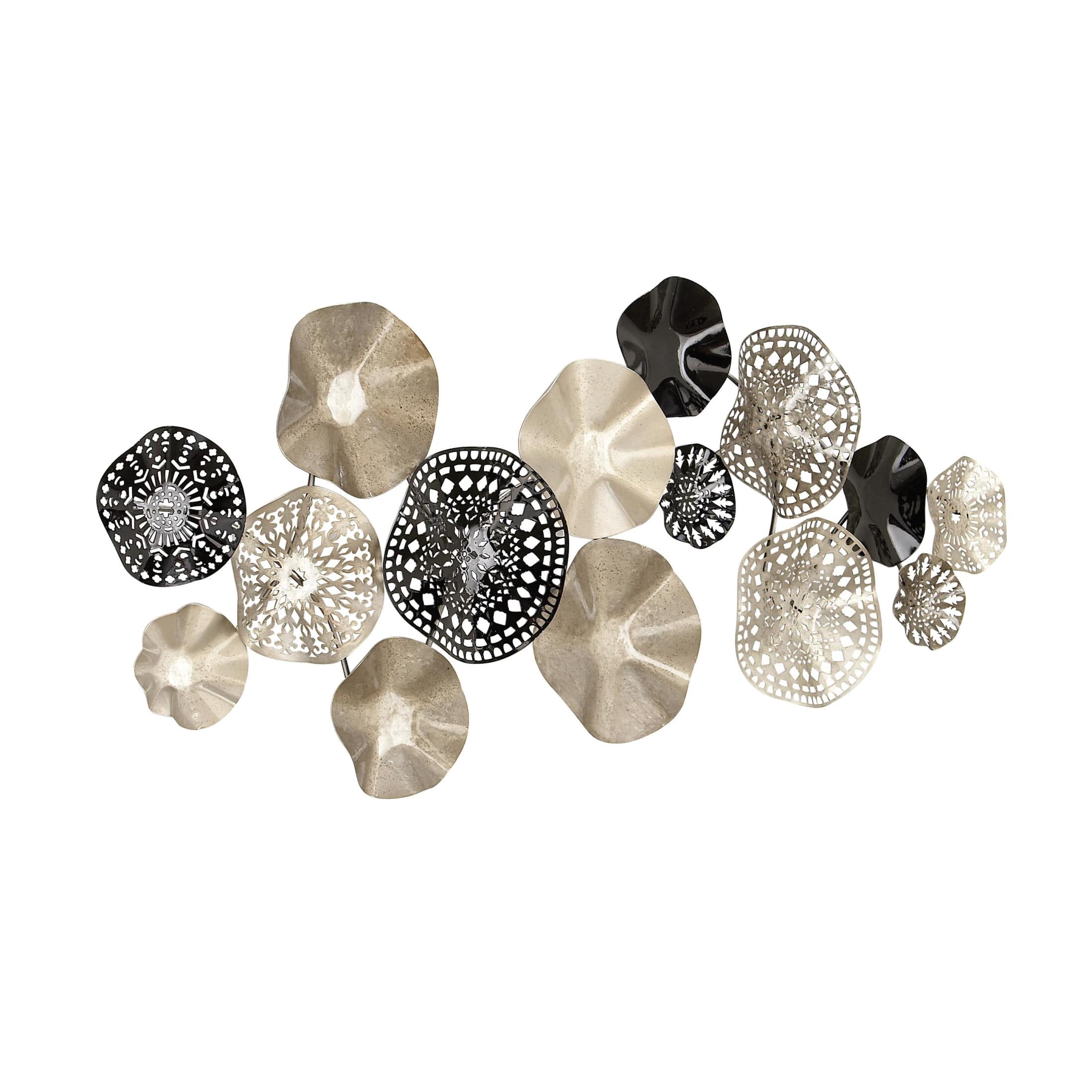 DecMode Contemporary Metal Discs with Crumpled and Lattice Patterns Wall Décor, 59"W x 25"H Features Silver/Black Polished Finish