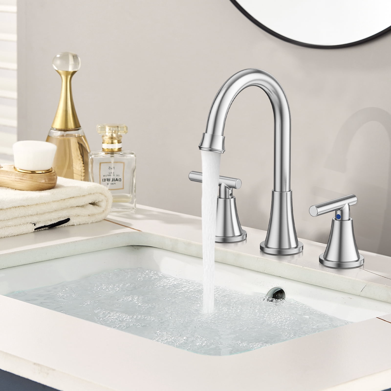 KINGTACK Bathroom Faucet for Sink 3 Hole, 8 Inch Bathroom Faucets with Pop-up Drain and Supply Lines, Brushed Nickel