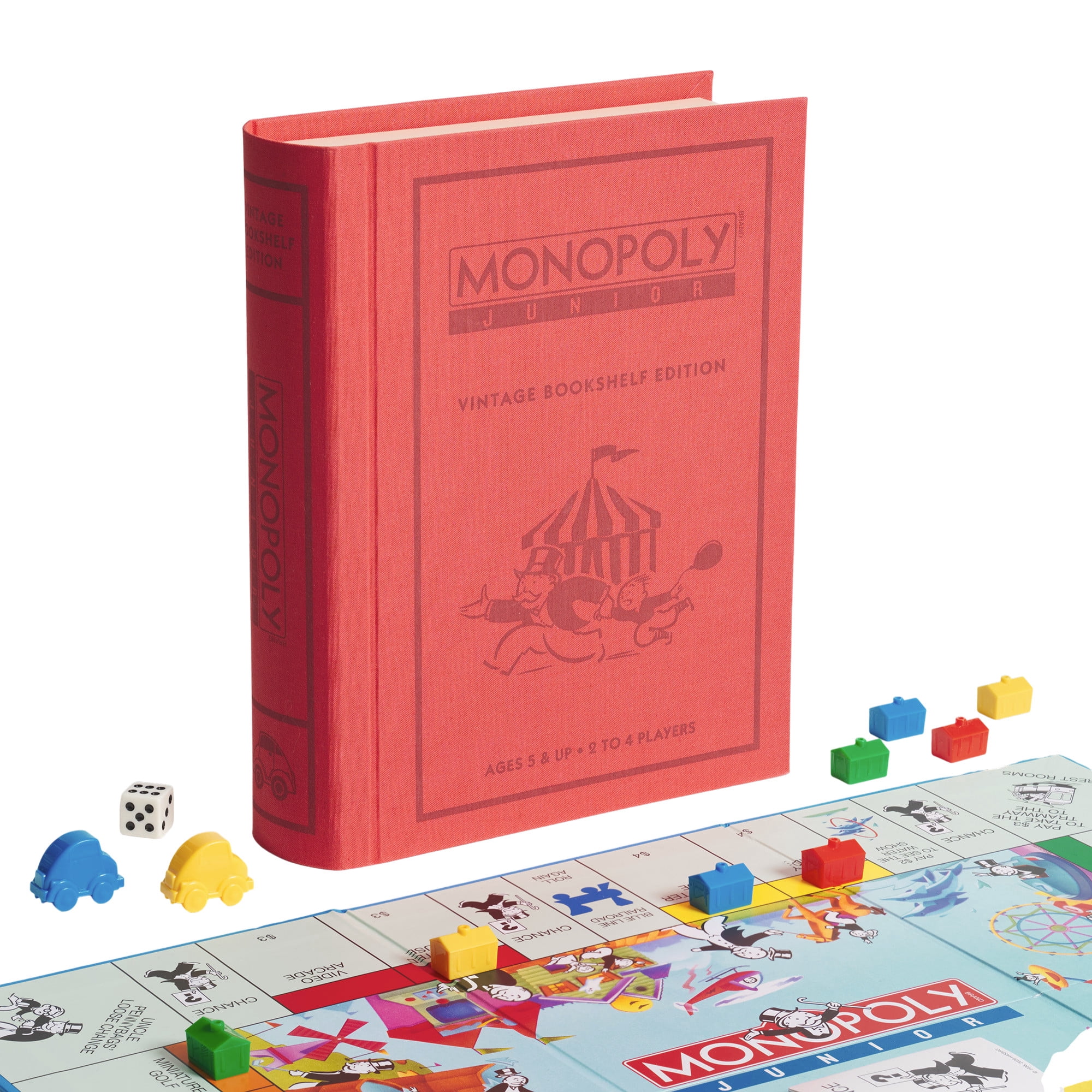 WS Game Company Monopoly Junior Vintage Bookshelf Edition – 1990 Retro Inspired Kids Board Game – Fabric Wrapped Book Storage for Ages 5 and Up