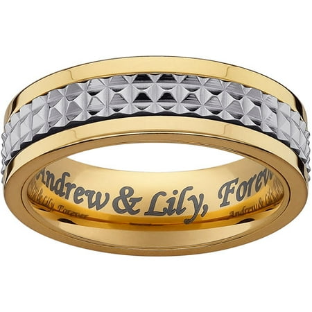 Personalized Mens Gold IP and Stainless Steel Textured Engraved Spinner Band