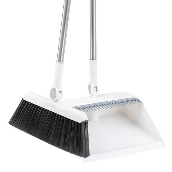 2-in-1 Broom with Dustpan Combo Set,Long Handle Dustpan Teeth to Automatically Cleaning Hair Home, White
