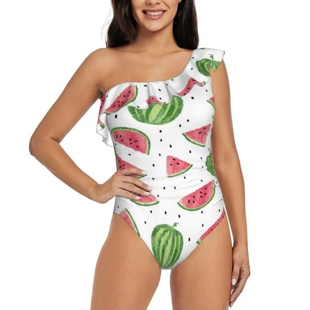 Gukieu Hand Drawn Watermelon Print One-shoulder Ruffled One-piece Swimsuit with Removable Chest Pads and Tummy-control Swimsuit for Women-