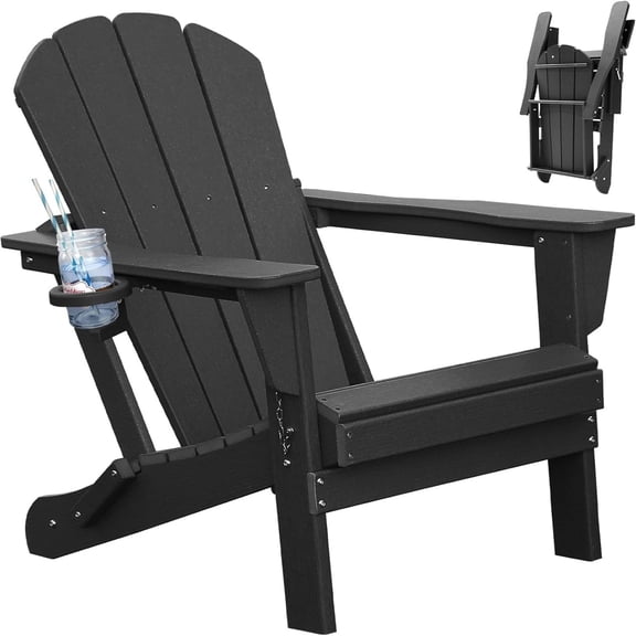TOPCOMFY Adirondack Chair Folding All-Weather HDPE Plastic Outdoor Patio Lawn Fire Pit Seating with Cup Holder Black