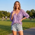 thumbnail image 4 of Polka Dot Lace Up Blouse, Women's V-Neck Abstract Geometric Print Drawstring Ruffle 3/4 Sleeve Summer Casual Flowy Tops, S, 4 of 7
