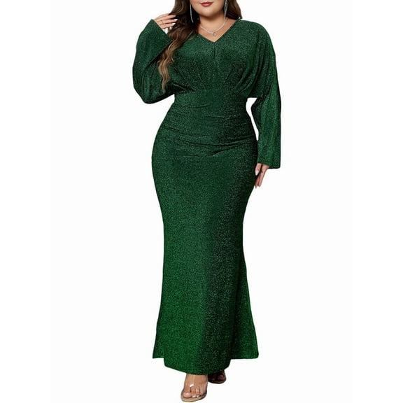 Women'S Holiday Evening Dress Glitter Long Sleeve V-Neck Slim Long Dress Formal Sequin Prom Gowns Plus Size Green XXXL