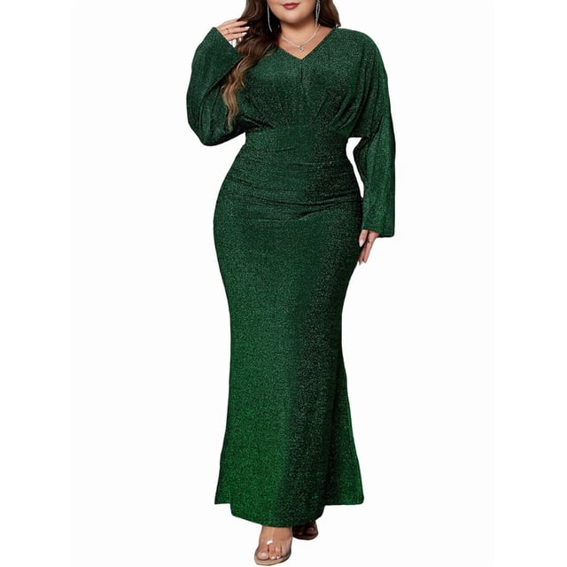 Robe de Soirée de Vacances pour Femmes à Paillettes Manches Longues Col en V Ajustée Robe Longue Formelle Robes de Bal à Paillettes Grande Taille Vert TTTG