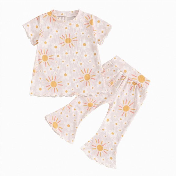 felwors Girls Pajamas Summer Girl Thin Pajamas Short Sleeve Set Home Clothes Air Conditioning Clothes(Beige,3-4 Years)