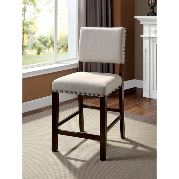 Newboti Furniture Classic Set of 2pc Counter Height Dining Chairs Ivory Fabric Padded Linen Chairs Upholstered Cushion High Chairs Nailhead Trim Kitchen Dining Room Solid wood Brown Cherry 04565