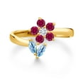 thumbnail image 2 of Gem Stone King 18K Yellow Gold Plated Silver Swiss Blue Topaz Red Created Ruby and White Lab Grown Diamond Flower Open Ring for Women (0.54 Cttw, Gemstone November Birthstone, Size 9), 2 of 3