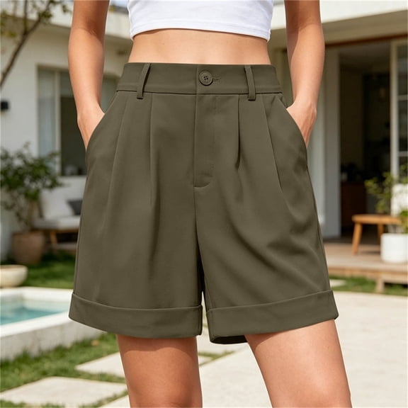 Cutuoiiu Plus Size Shorts for Women Solid Color Front Pleated Wide Leg Shorts Button Zip Fly Cuffed Hem Dressy Casual Shorts with Side Pockets for Summer Daily Office Wear