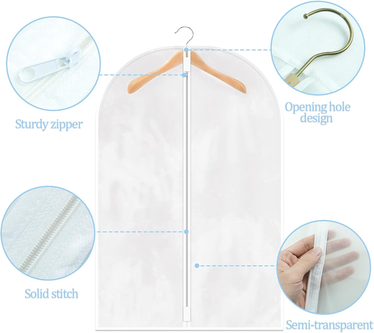 25 Pack 55" Hanging Clear Plastic Garment Bags with Zipper Translucent Long Dress Bags Clothes Cover for Closet Storage and Travel