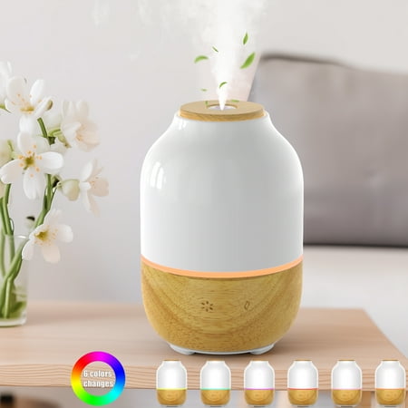 Fimilo Ceramic Essential Oil Diffuser, Natural Wood Base Cool Mist Humidifier Aromatherapy Diffuser with 2 Mists 7 Lights Touch Button (130ML)
