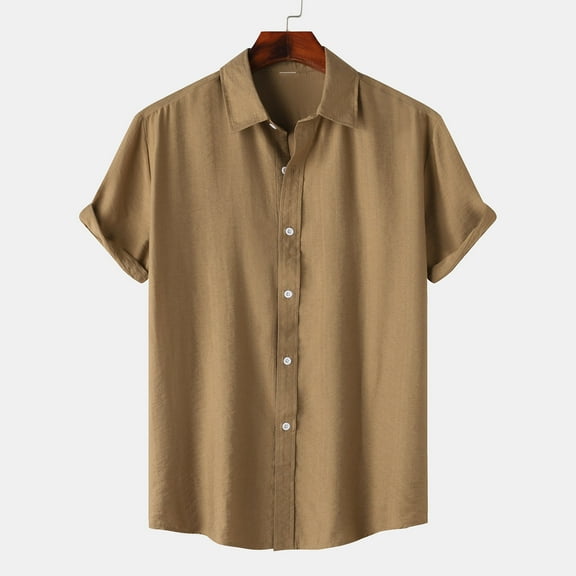 Ecqkame Shirts for Men Casual Solid Turndown Short Sleeve Button Closure Shirt Hawaii Blouse Mens Shirts Coffee XXL