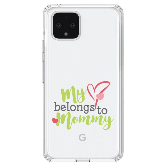DistinctInk Clear Shockproof Hybrid Case for Google Pixel 4 XL (6.3" Screen) - TPU Bumper Acrylic Back Tempered Glass Screen Protector - My Heart Belongs to Mommy