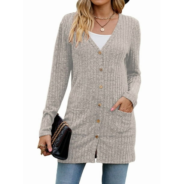 Cárdigan de Otoño para Mujer, de Punto Suave, de Larga, Abierto Al Frente y con Bolsillos. Gris S