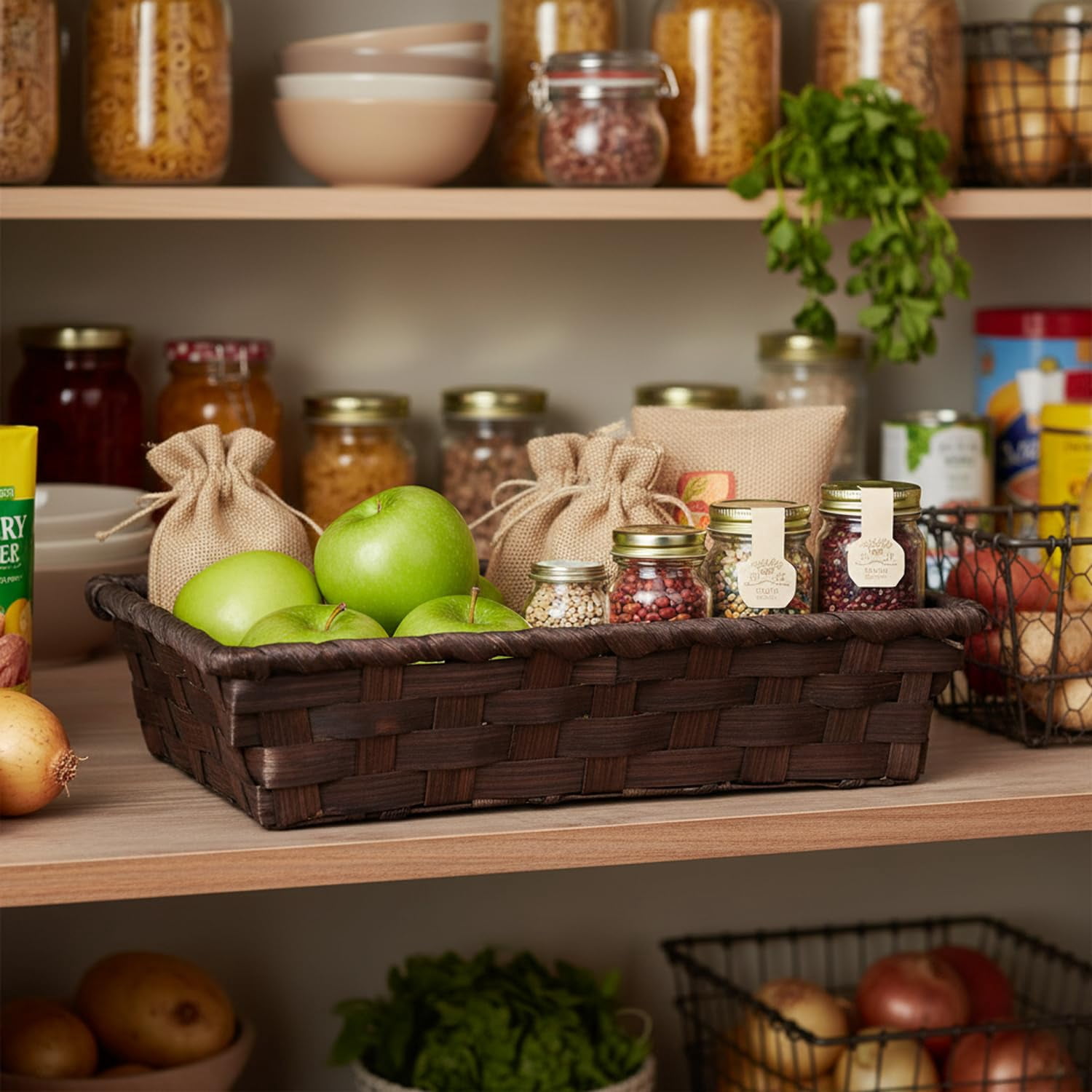 Premium Handmade 8" Dark Brown Bamboo Rectangular Storage Basket – Narrow Artisan Organizer for Countertop, Kitchen, Pantry, Snacks, Bathroom Vanity, Entryway Catch-All by The Lucky Clover Trading