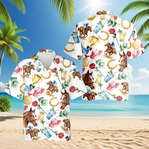 Derby Horse Hawaiian Shirt for Men, Retro Style, Button Down Summer Beach Short Sleeve, S-5XL
