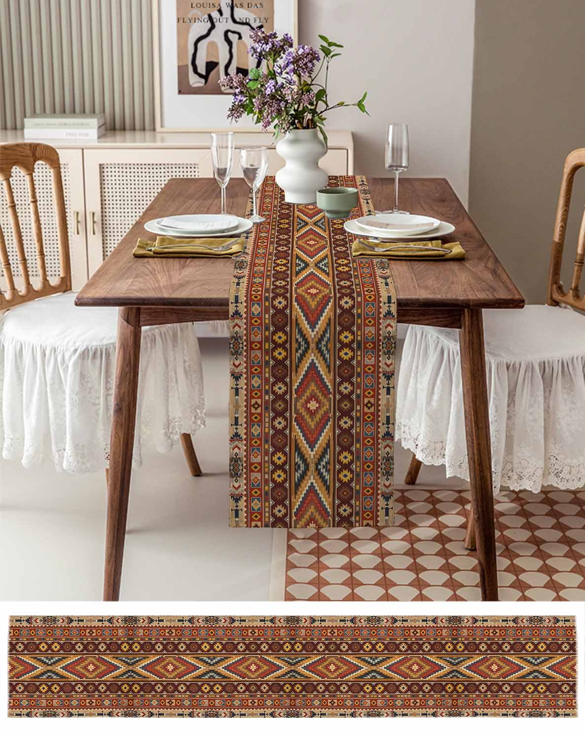 nqOlkjepod Brown Southwest Aztec Table Runner 72 Inches Long Farmhouse Dress Scarves, Farmhouse Vintage Geometric Dining Tablerunner for Coffee Table/Kitchen Island/Party Décor, 18" x 72"