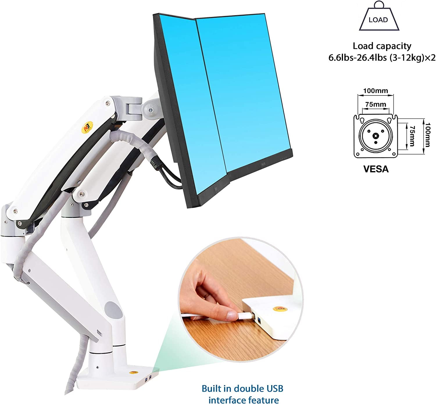 Dual Monitor Desk Mount Stand Full Motion Swivel Computer Monitor Arm Fits 2 Screens  to 32'' with Load Capacity 6.6~26.4lbs for Each Monitor G75-W