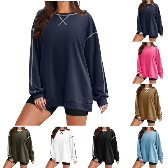 Ashirexll Crewneck Sweatshirts Women, Fall Sweatshirts for Women, Ladies' Oversized Sweatshirts Long Sleeve Round Neck Side Zipper Pullover Fall Trendy Clothes
