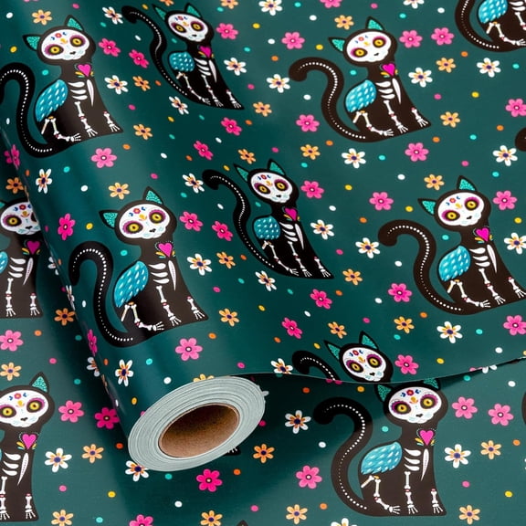 Halloween Wrapping Paper, Day of The Dead Wrapping Paper, Vibrant Mexican Cat Skeleton Flower Green Gift Wrap for Birthday, Holiday Decoration,October,Christmas Nightmare (17 Inch X 33 Feet)
