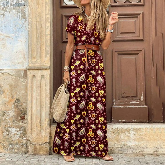 BONIXOOM Maxi Dresses for Women 2024 Beach Party Crew Neck Raglan Short Sleeve Lace Maxi Floral Wine Dresses