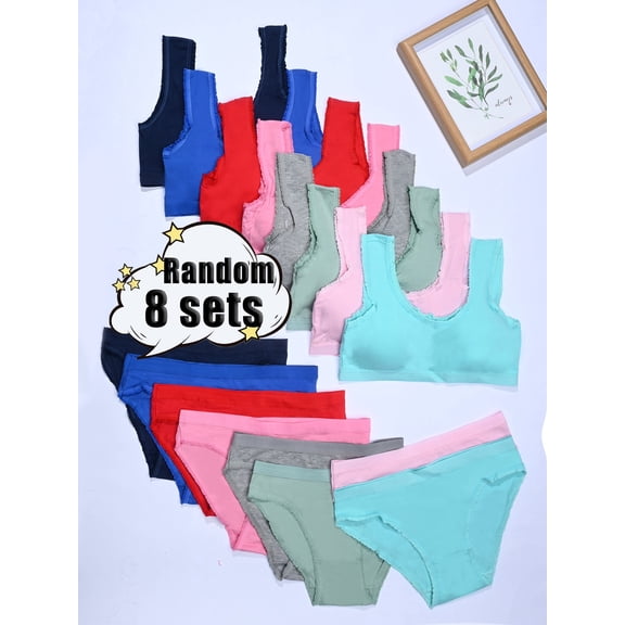 8 Pack Random Color Cotton Underwear Sets for Tween Girl Training Bra Matching Briefs Comfortable and Breathable with Remover Pads