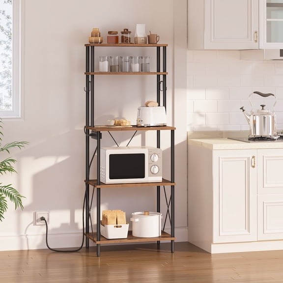 HOOBRO 5-Tier Bakers Rack with Power Outlets, Microwave Stand, Coffee Bar & Hooks, Rustic Brown and Black