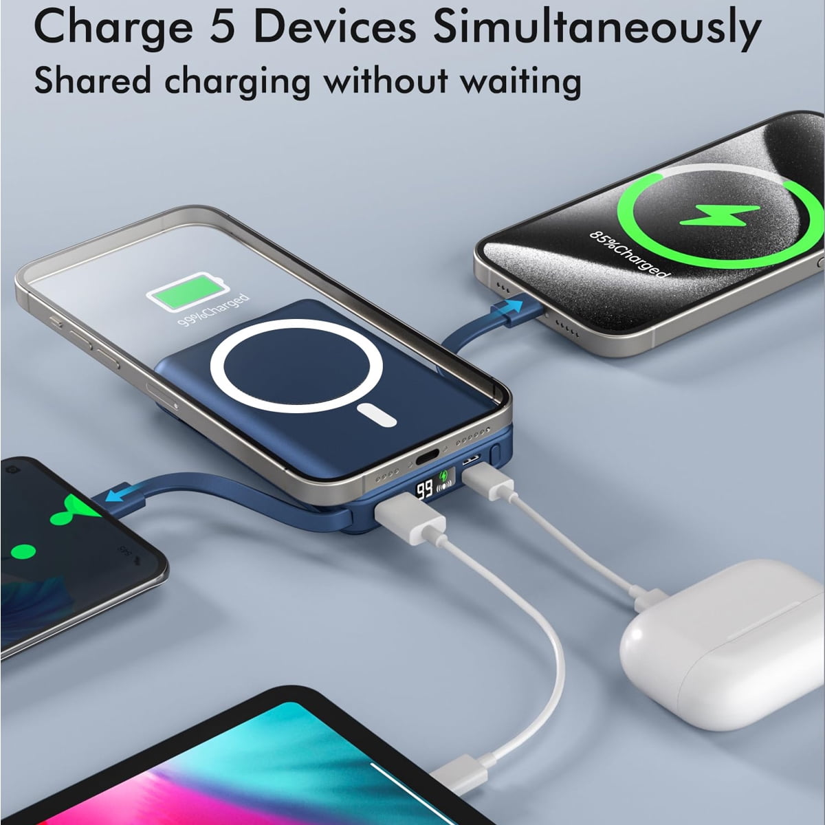 Podoru Wireless Portable Charger, 10000mAh Magnetic Power Bank Built-in USB C Lighting Cables 22.5W PD Fast Charging LED Display Battery Pack for for iPhone 16/15/14/13/12 - Navy Blue