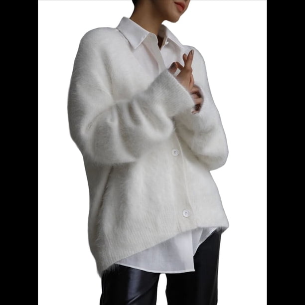 Cárdigan de Mujer, Suéter de Larga, Cárdigan con Botones y Cuello en V, Prenda de Punto de Moda. Crema L