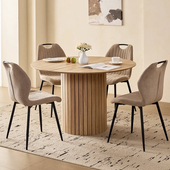 47" Round Dining Table Set of 4 Natural, Khaki Upholstered Wingback Dining Chair Set of 4