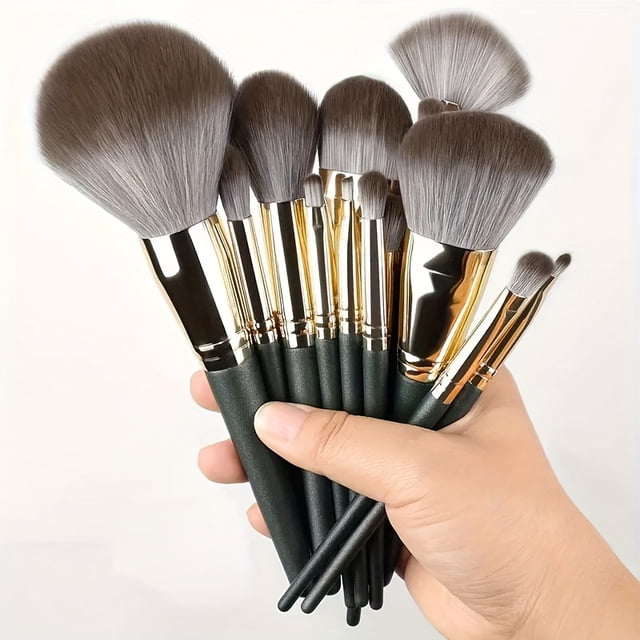 LNGOOR 14Pcs Pro Makeup Brush Set - Soft Nylon Bristle Resin Rod Palm Brush Design for Flawless Foundation Eye Shadow Brow Application - Gentle on All Skin Types Alcohol-Free