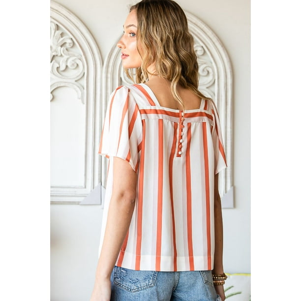 ABPHQTO Blusa de Mujer Escote Cuadrado Abotonada Espalda Rayas Naranja