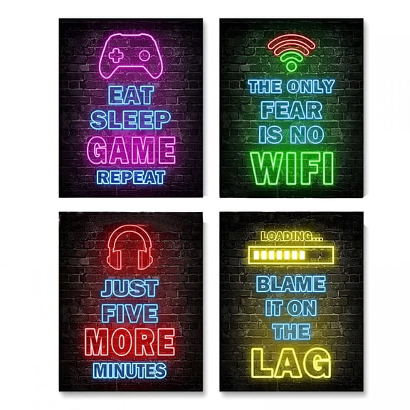 CCOCC 4Pcs Gaming Decor for Boys Room,Bright Color Gaming Icons Printed Canvas Posters Framed,Wall Art Decoration for Teenage Gamer Bedroom Playroom Teen Bedroom Decor(12X16Inch)