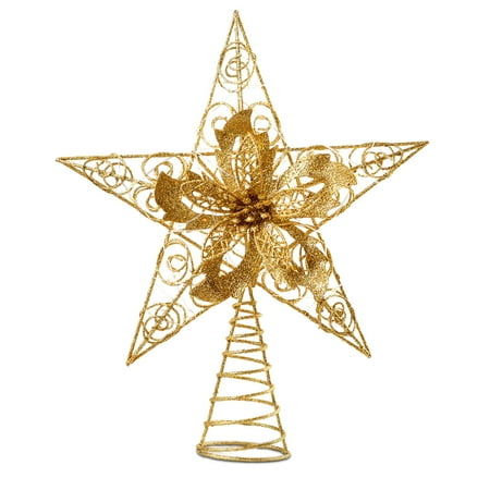 Joiedomi Christmas Star Tree Toppers with LED Lights  Gold Star & Flower Tree Lighted Topper with Warm White for Xmas Tree Decorations