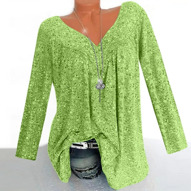 Qucoqpe - Camisetas tipo túnica de manga larga con cuello en V, fruncidas, lisas, de talla grande, para mujer, estilo informal, holgadas, en liquidación