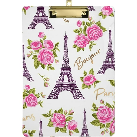 FMSHPON Paris Eiffel Tower Clipboard Hardboard Wood Nursing Clip Board and Pull for Standard A4 Letter 13x9 inches