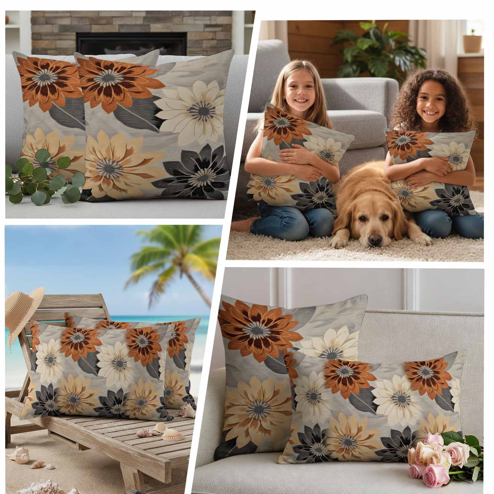 Burnt Orange Grey Black Flower Outdoor Waterproof Pillow Covers, Spring Floral Botanical Decorative Square Throw Pillowcase Sofa Cushion Sham for Patio/Couch/Chair, 16"x16" 2 Pack