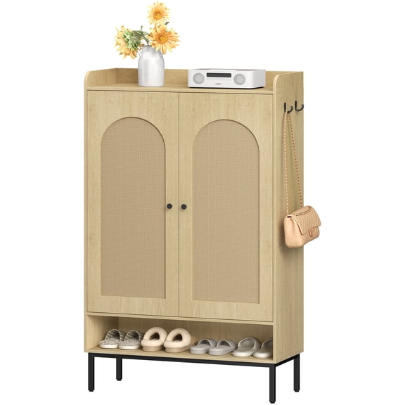 Hzuaneri Rattan Shoe Storage Cabinet, 7‑Tier 53.7" Tall Wooden Shoe Organizer with Adjustable Shelves, Enclosed Doors & Top Storage, Holds 28‑32 Pairs of Shoes, Ideal for Entryway Hallway
