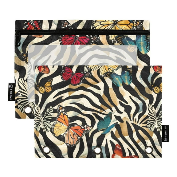 Butterflies on Zebra 2 Pack Pencil Pouch for 3 Ring Binder Smooth Zipper Folders with Pockets Clear Window Pencil Case