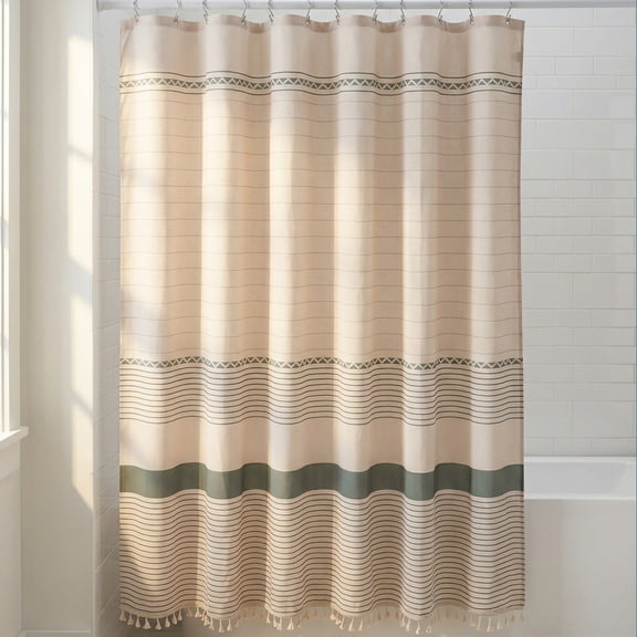 REGALWOVEN Boho Striped Shower Curtain Sets with 12 Hooks, Faux Linen Look Fabric for Bathroom Green 71"W x 71"L