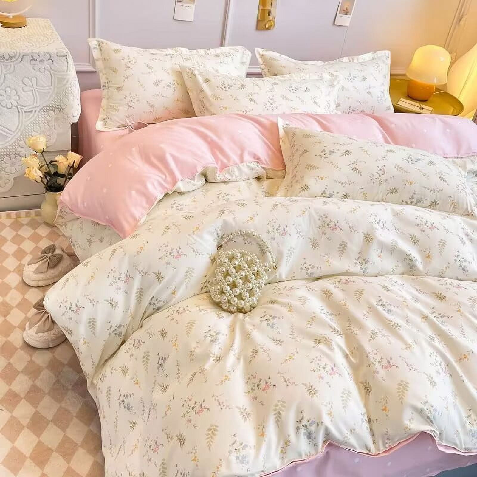 Ins Pink Flowers Bedding Set Bed Sheet Pillowcase Twin Full Queen