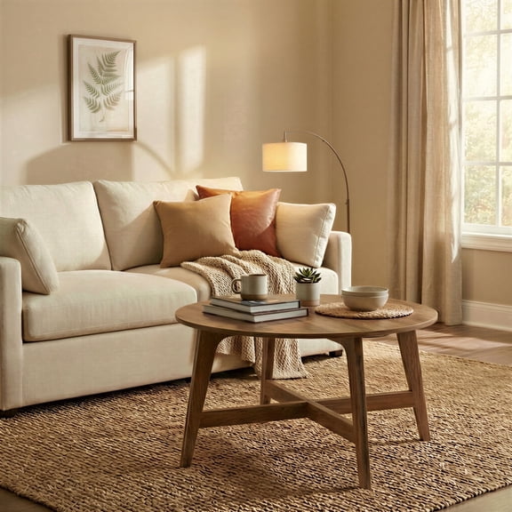 LEDREM Mid-Century Round Coffee Table, 1 Tier Design, 66lb Capacity, Modern Minimalist Style, Quick Assembly, Ideal for Small Space & Apartment, Brown