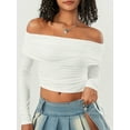 thumbnail image 3 of Women Crop Long Sleeve Tops Drawstring Basic Off-Shoulder Shirt Casual Pullovers for Club Streetwear Aesthetic Clothes, 3 of 9