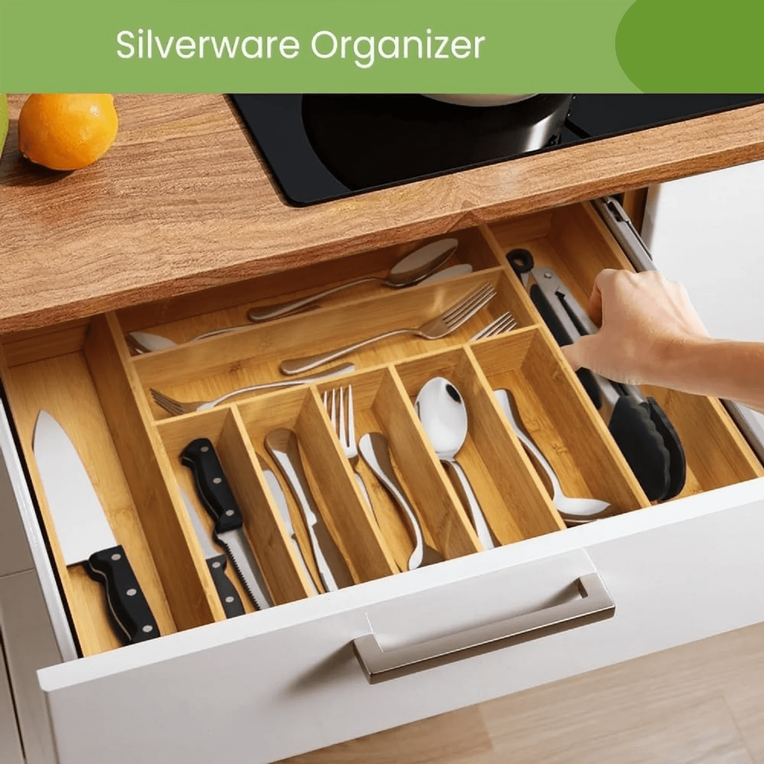 Luxury Bamboo Kitchen Drawer Organizer - Silverware Organizer, Utensil Holder & Cutlery Tray Drawer Dividers for Flatware (9 Slot, Natural)