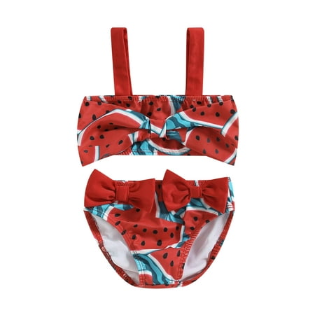 

aturustex Infant Baby Girl Swimsuit 6M 9M 12M 18M 24M 3T Watermelon Print Sleeveless Crop Tank Tops Bow Bikini Shorts Set Summer Swimwear 2Pcs