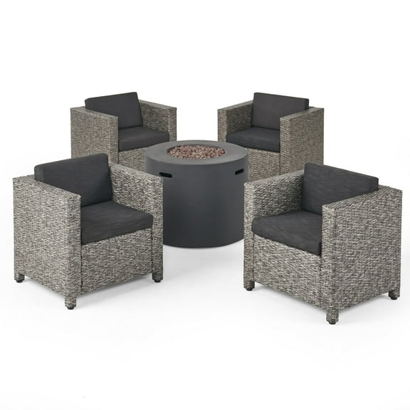 Gus Outdoor Wicker 4 Seater Swivel Club Chair Set with Fire Pit, Mixed Black and Dark Gray